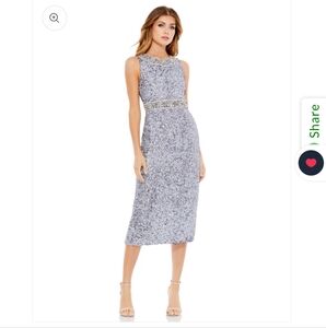 Nwt Mac Duggal Sheath Midi Dress Breaded Sequined Size 8 Steel